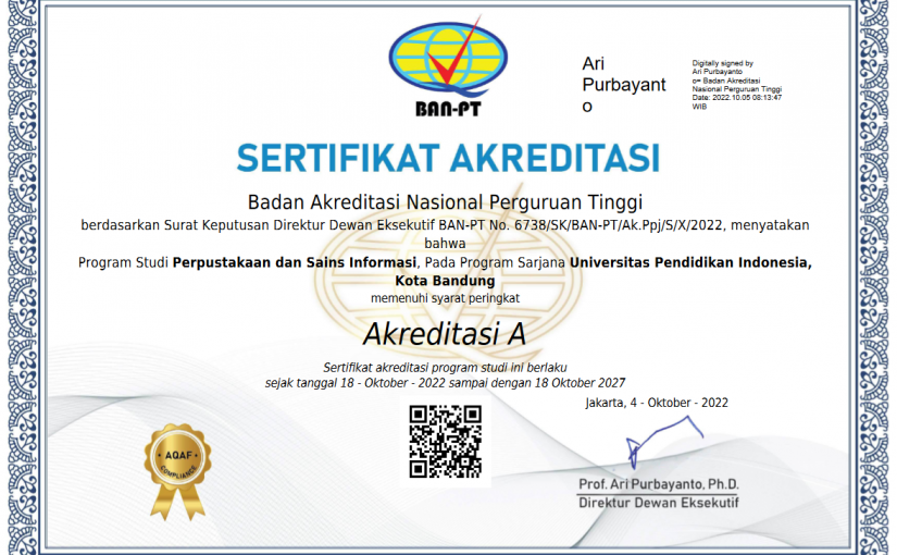 PRODI PERPUSINFO FIP UPI KEMBALI MERAIH AKREDITASI “A” DARI BAN-PT